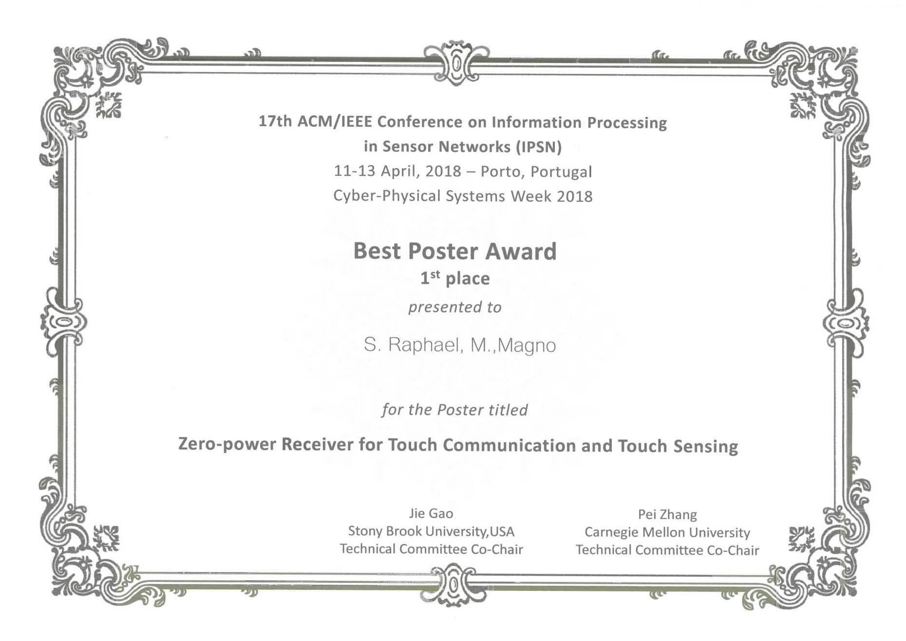 Enlarged view: Best Poster Award at IPSN Conference in Portugal 2018